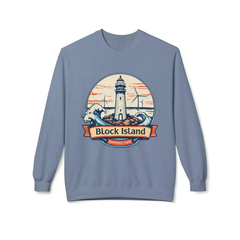 Blue sweatshirt featuring a lighthouse graphic from the Cozy Block Island Lighthouse collection