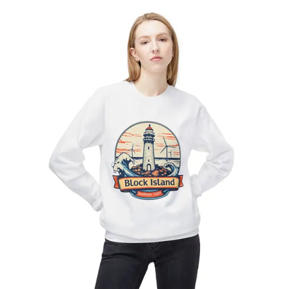White unisex crewneck sweatshirt featuring a Block Island lighthouse design