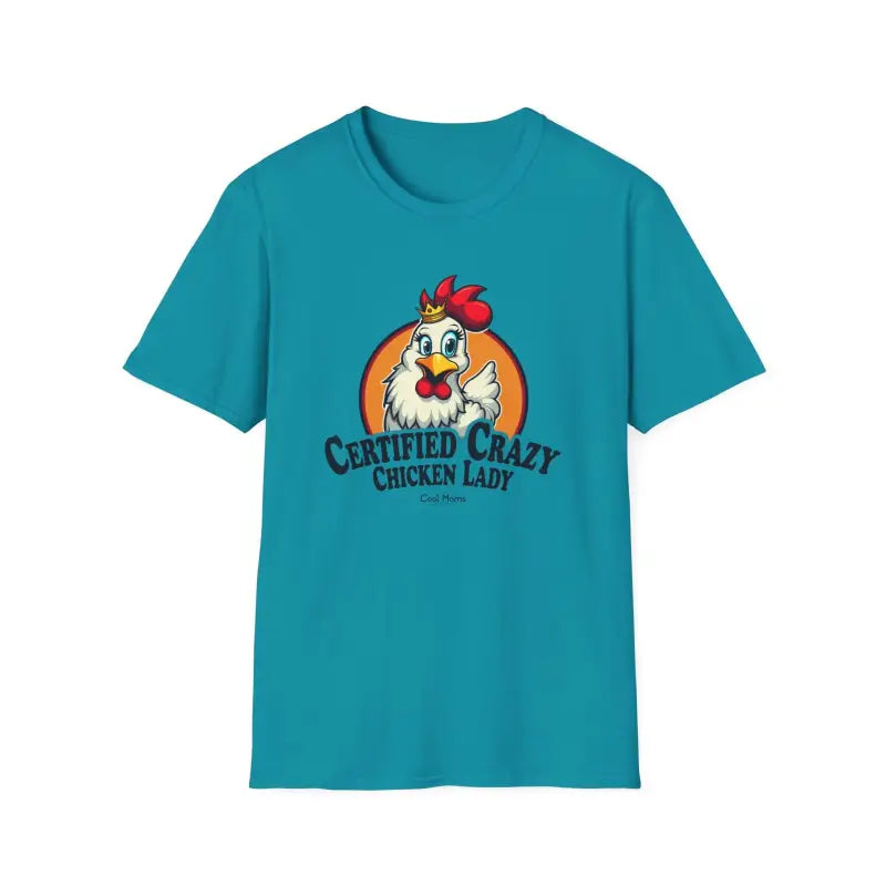 Teal Crazy Chicken Lady T Shirt featuring a playful chicken graphic design