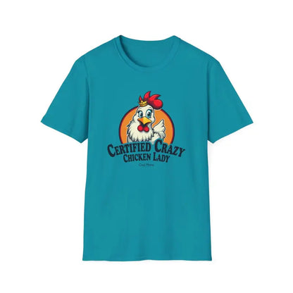 Teal Crazy Chicken Lady T Shirt featuring a playful chicken graphic design