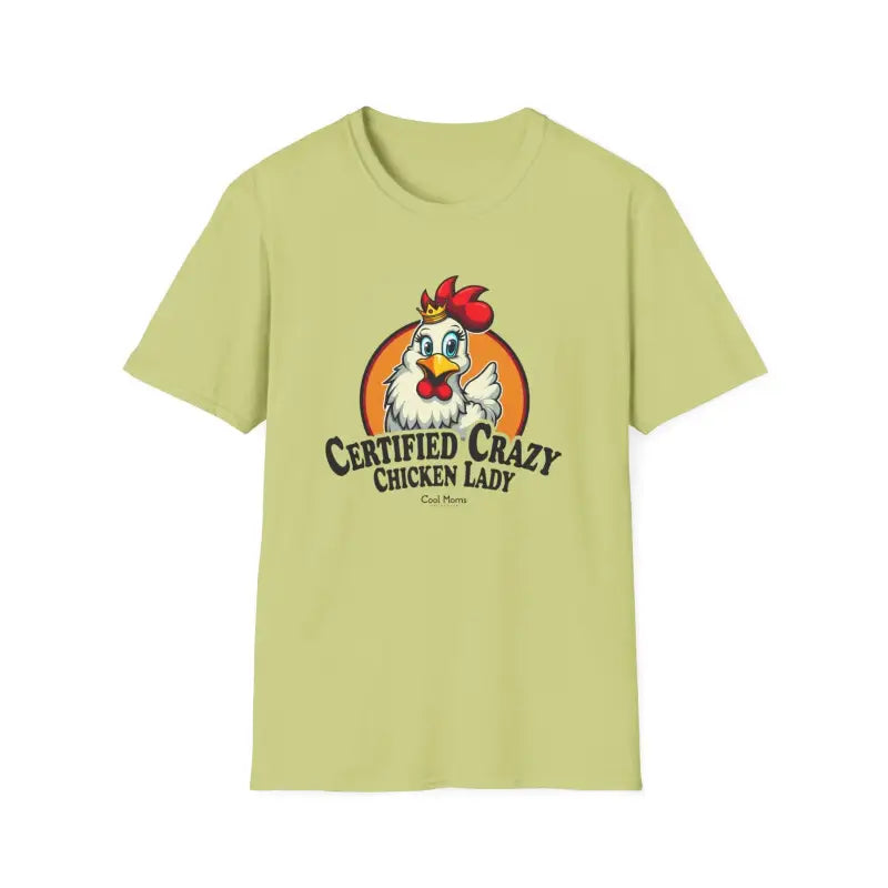 Light green Crazy Chicken Lady T Shirt featuring a playful chicken logo design