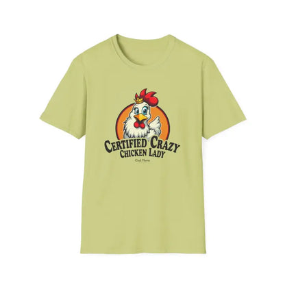 Light green Crazy Chicken Lady T Shirt featuring a playful chicken logo design