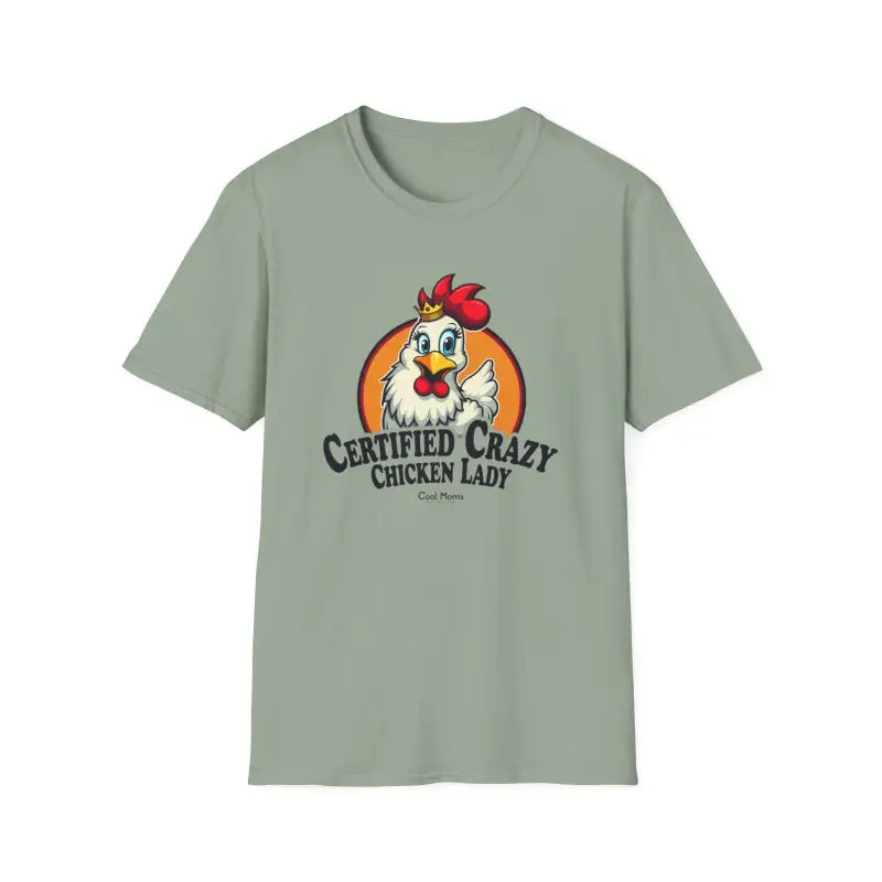 Gray t-shirt featuring a whimsical chicken graphic, named Crazy Chicken Lady T Shirt
