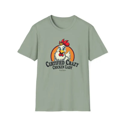Gray t-shirt featuring a whimsical chicken graphic, named Crazy Chicken Lady T Shirt