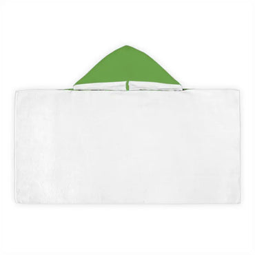 White hooded towel with green hood for kids featuring a fun Dino Dinosaur design