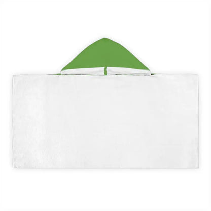 White hooded towel with green hood for kids featuring a fun Dino Dinosaur design