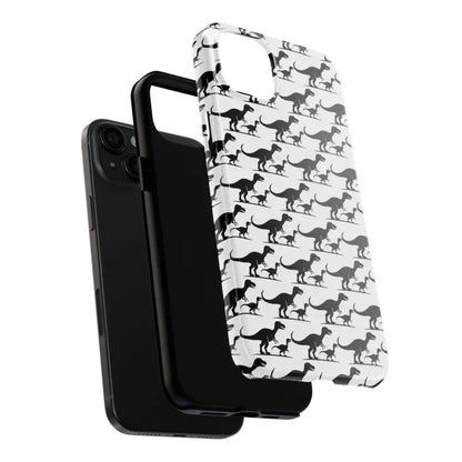 Dinosaur-patterned phone case for iPhone and Samsung, showcasing vibrant designs