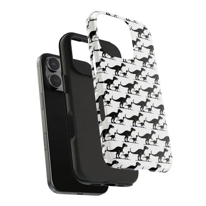 Dinosaur-patterned phone case for iPhone and Samsung with black inner case display