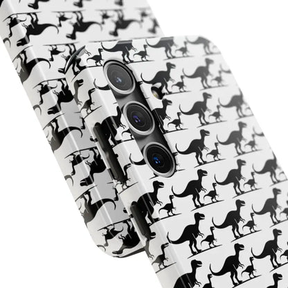 Dinosaur-patterned phone cases for iPhone and Samsung showcasing playful designs