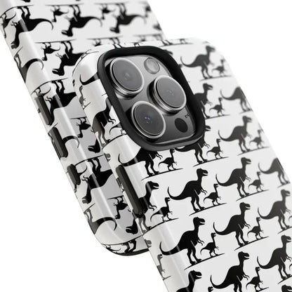Dinosaur-patterned phone cases for iPhone and Samsung showcasing vibrant designs