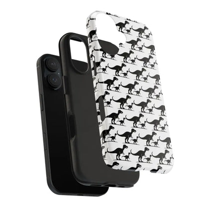 Black phone featuring a vibrant dinosaur-patterned case for iPhone and Samsung users