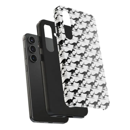 Black smartphone with a dinosaur-patterned case, part of the Dinosaur Phone Case collection