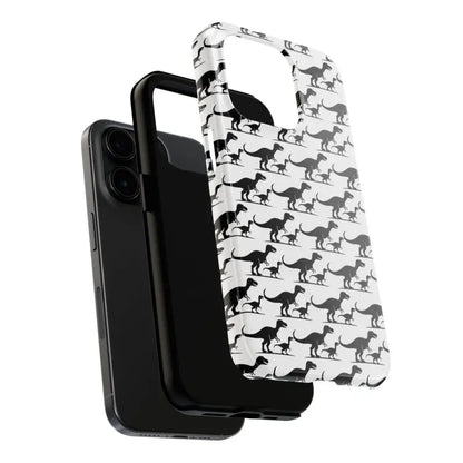 Black smartphone featuring a Dinosaur-patterned case for iPhone and Samsung devices