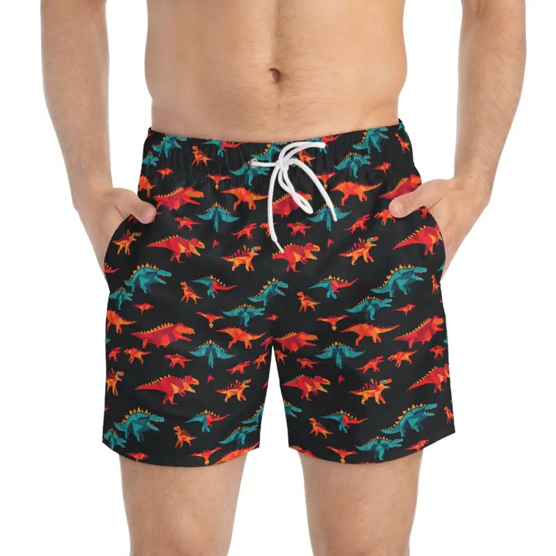 Dinosaur-patterned swim trunks featured in Dinosaur Print Swim Trunks for summer beachwear