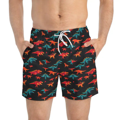 Dinosaur-patterned swim trunks featured in Dinosaur Print Swim Trunks for summer beachwear