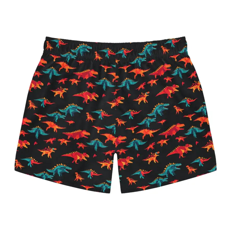 Dinosaur-patterned swim trunks displayed on a beachwear product page for summer fun