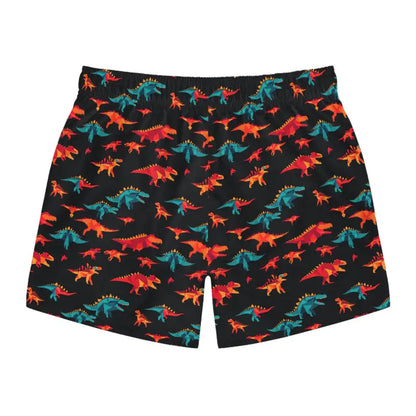 Dinosaur-patterned swim trunks displayed on a beachwear product page for summer fun