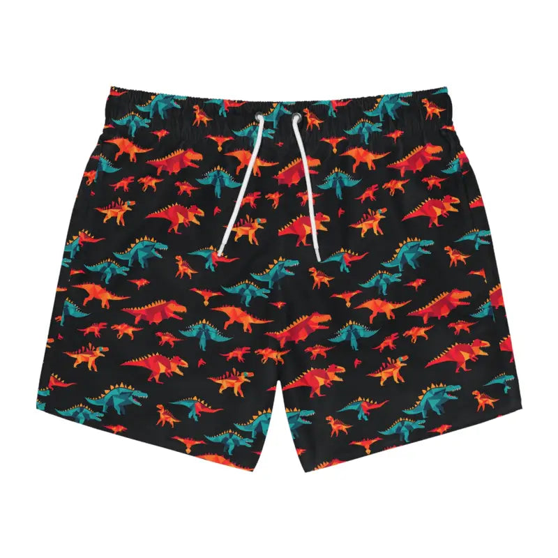 Dinosaur-patterned swim trunks displayed in a fun summer beachwear product image