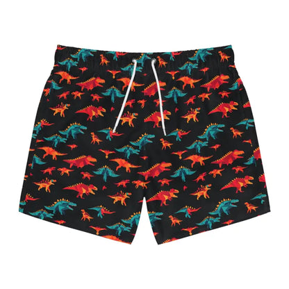 Dinosaur-patterned swim trunks displayed in a fun summer beachwear product image