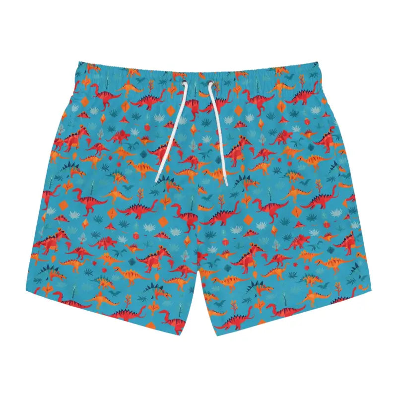 Blue dinosaur-patterned swim trunks for kids in vibrant summer style