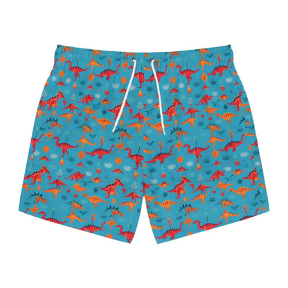 Blue dinosaur-patterned swim trunks for kids in vibrant summer style