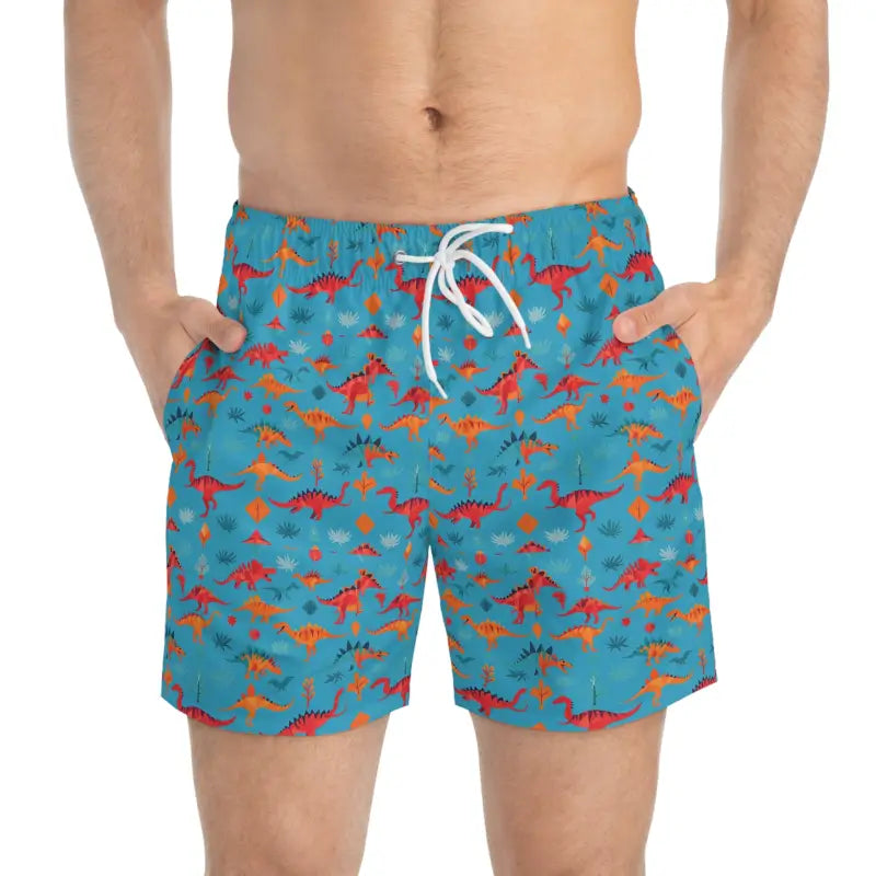 Blue dinosaur-patterned swim trunks for kids from Dinosaur Print Swim Trunks collection