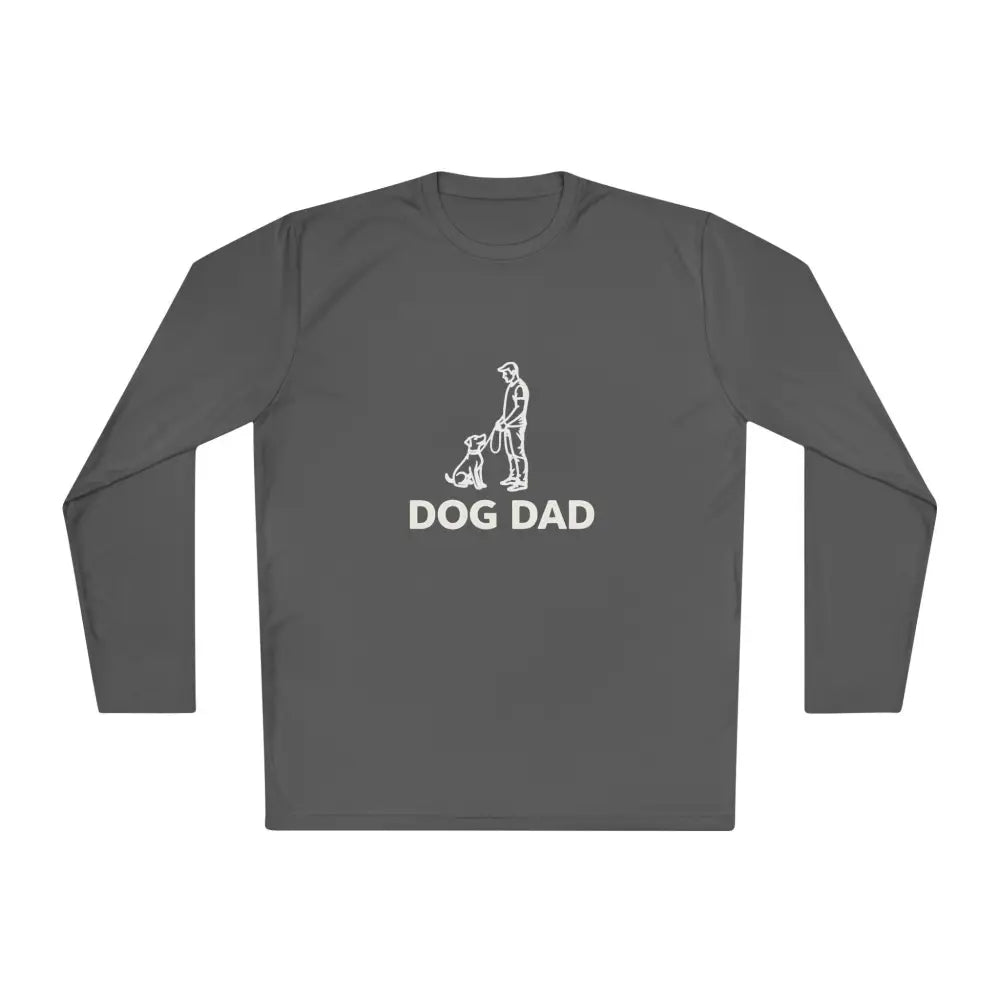 Gray long-sleeved shirt featuring Dog Dad Performance Long Sleeve Tee design
