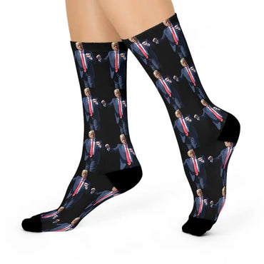 Novelty socks featuring a bold Donald Trump pattern, perfect for unique fashion statements