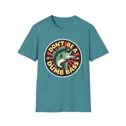 Teal unisex t-shirt featuring a colorful fish graphic from the Dont Be A Dumb Bass collection