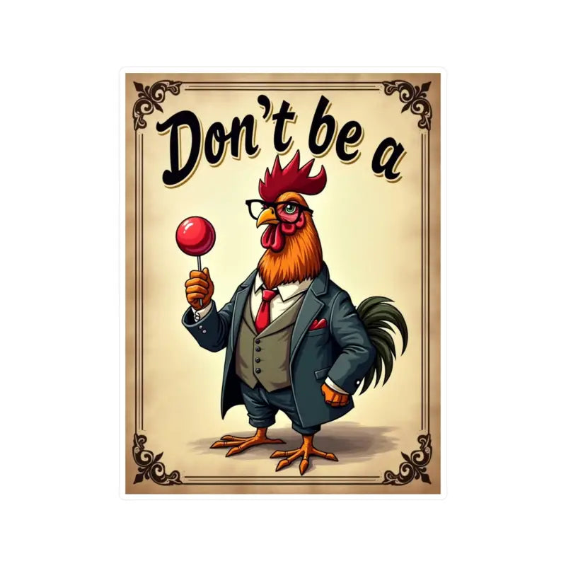 Cartoon rooster in a suit holding a lollipop on Dont Be A Rooster Humorous Sticker
