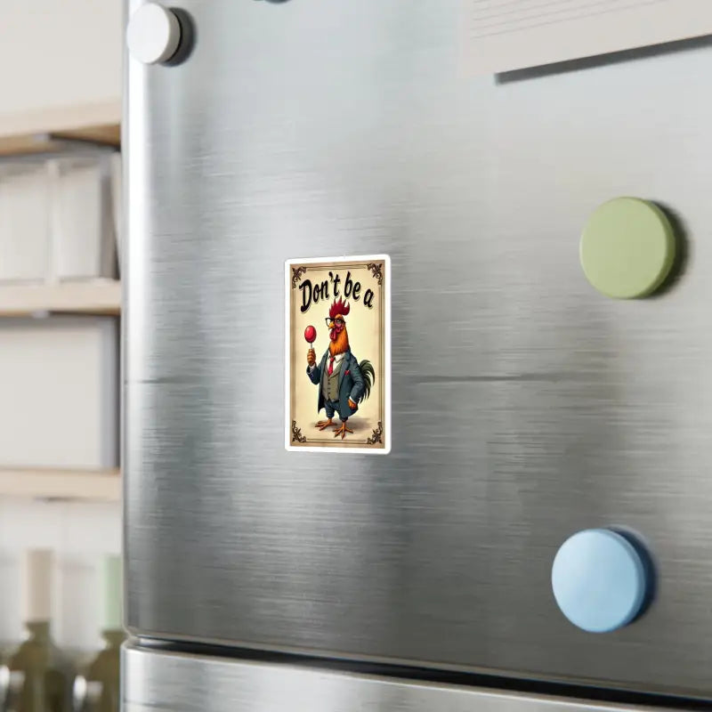 Humorous rooster magnet for Don’t Be A Rooster sticker collection, adding playful charm