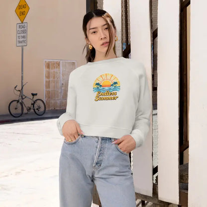White cropped sweatshirt featuring Endless Summer graphic for women’s fashion