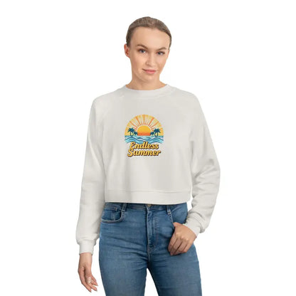 Woman modeling the Endless Summer Cropped Sweatshirt for Women in casual attire