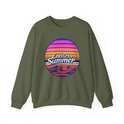 Olive green crewneck sweatshirt featuring Endless Summer graphic in retro style