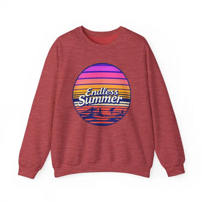 Red sweatshirt featuring Endless Summer graphic in relaxed retro style