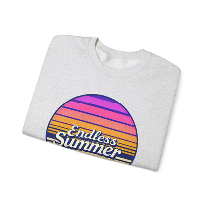Folded gray t-shirt featuring sunset graphic from Endless Summer Unisex Crewneck Sweatshirt