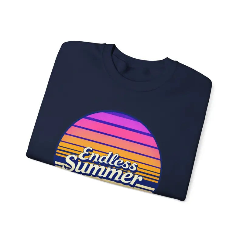 Folded navy t-shirt featuring sunset graphic from Endless Summer Unisex Crewneck Sweatshirt