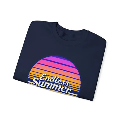 Folded navy t-shirt featuring sunset graphic from Endless Summer Unisex Crewneck Sweatshirt