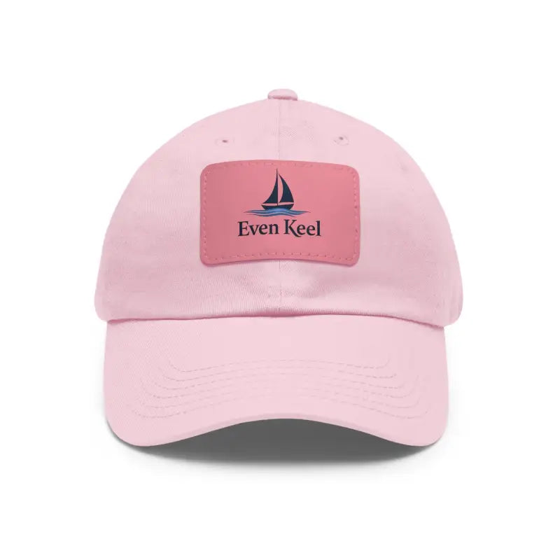 Pink Even Keel Signature Dad Hat with Leather Patch displayed on a white background