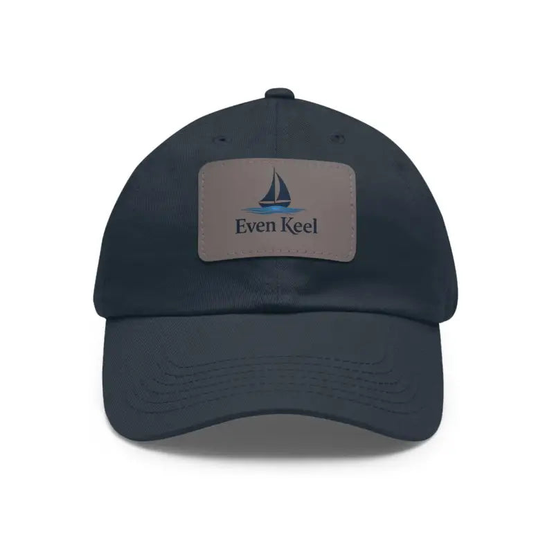 Navy baseball cap featuring Even Keel Signature Dad Hat with leather patch detail