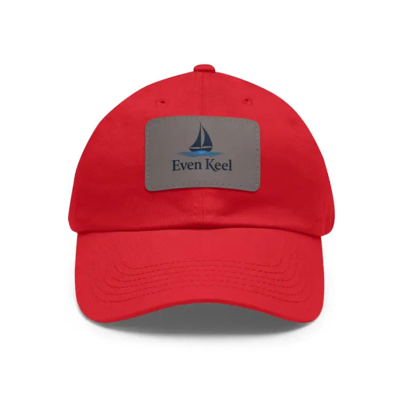 Red baseball cap featuring a sailboat patch, Even Keel Signature Dad Hat with Leather Patch