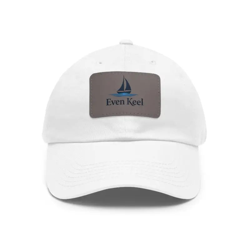 White baseball cap featuring a sailboat patch, Even Keel Signature Dad Hat