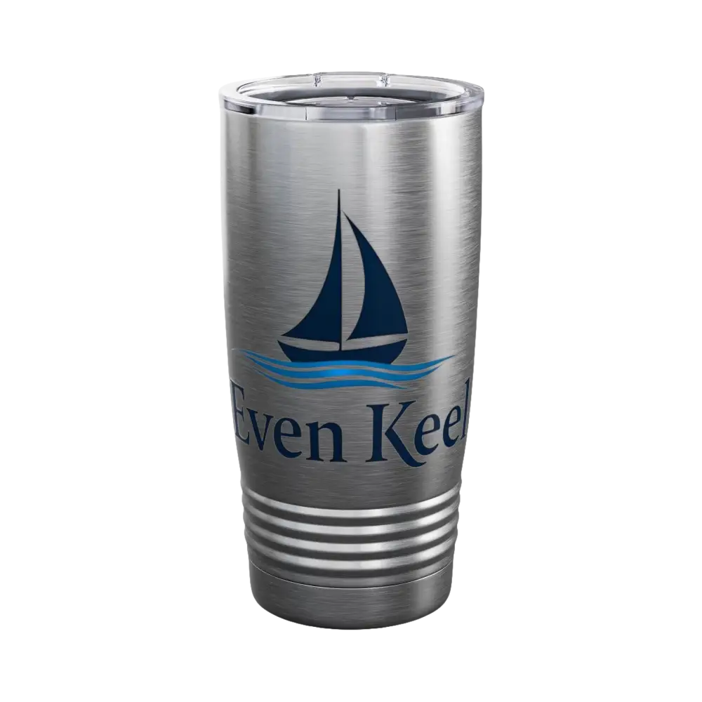Silver tumbler featuring a sailboat design from Even Keel Signature 20oz Stainless Steel Tumbler