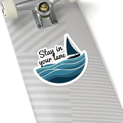 Sailboat sticker on a skateboard, Even Keel Stay Your Lane Nautical design