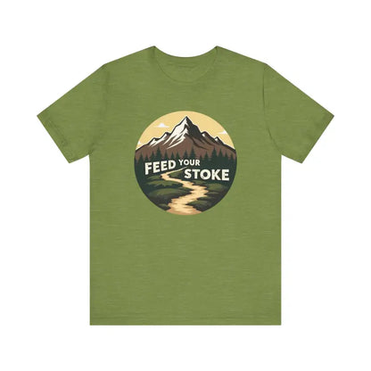 Green Feed Your Stoke Mountain Graphic T-Shirt featuring a vibrant mountain design