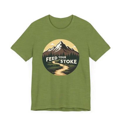 Green Feed Your Stoke Mountain Graphic T-Shirt featuring a scenic mountain design