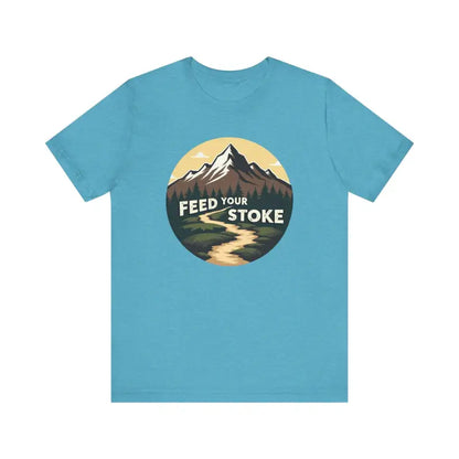 Teal Feed Your Stoke Mountain Graphic T-Shirt featuring a stunning mountain design