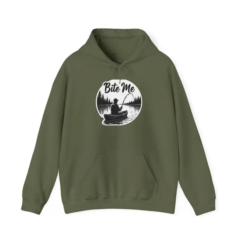 Olive green Fishing Bite Me Unisex Heavy Blend Hoodie displayed on a neutral background