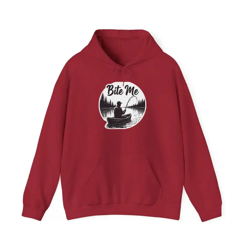 Maroon hoodie featuring a fishing graphic from the Fishing Bite Me Unisex Heavy Blend Hoodie