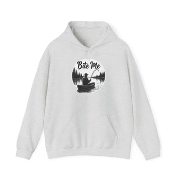 White hoodie featuring a fishing graphic from the Fishing Bite Me Unisex Heavy Blend Hoodie